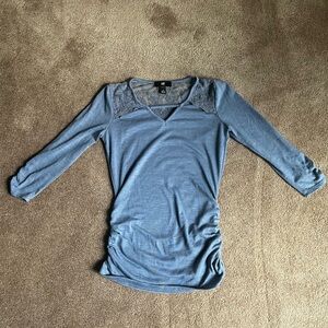 Iz Byer Dusty Blue Lace-Yoke Long Sleeve Top